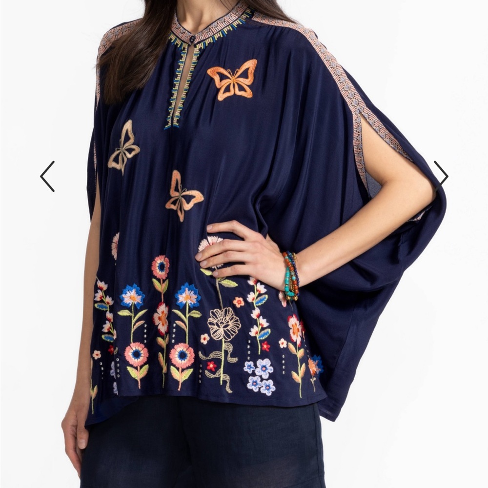 Johnny Was Imogen Poncho Blue Night Silk Embroidered Kaftan Tunic Boho Sz S/M